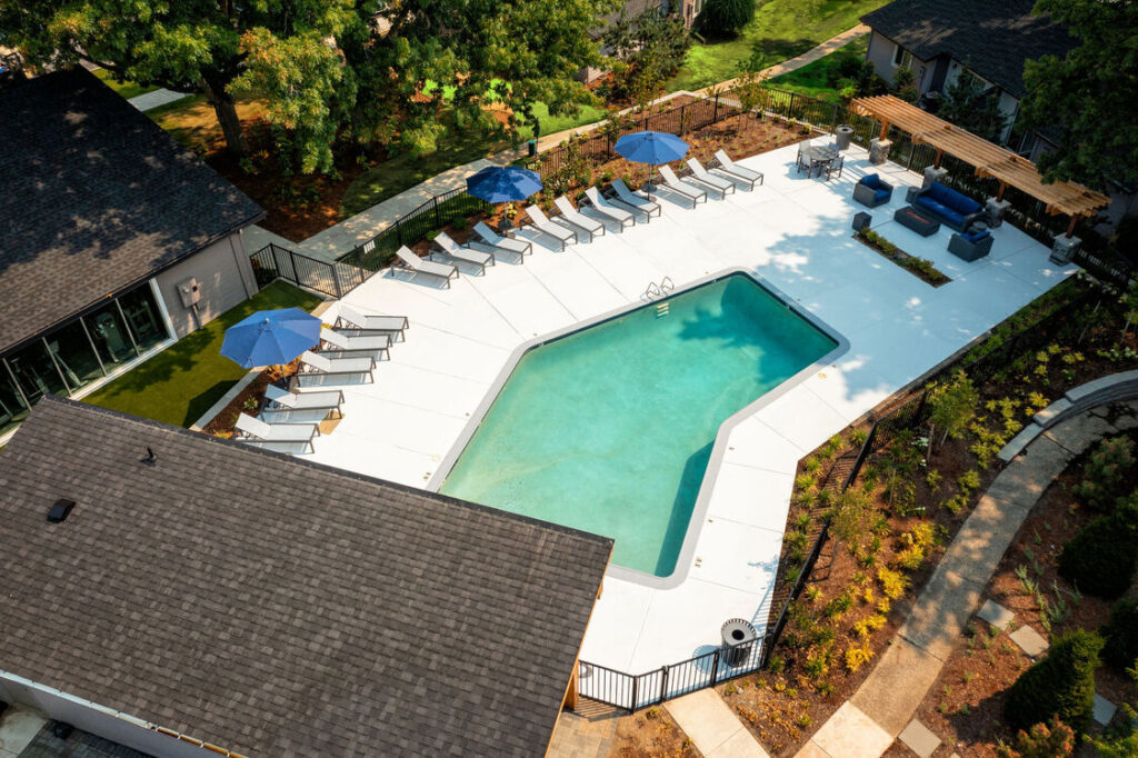 aerial view of the pool and surrounding landscaping