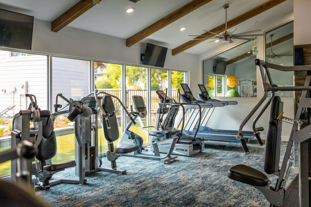 Fitness center with equipment at The Alden apartments in Tualatin