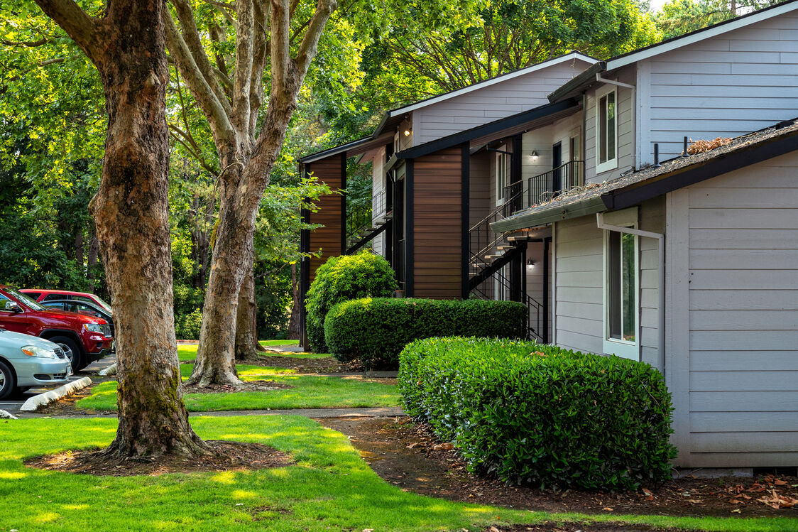 exterior of apartment buildings with tree lined sidewalks