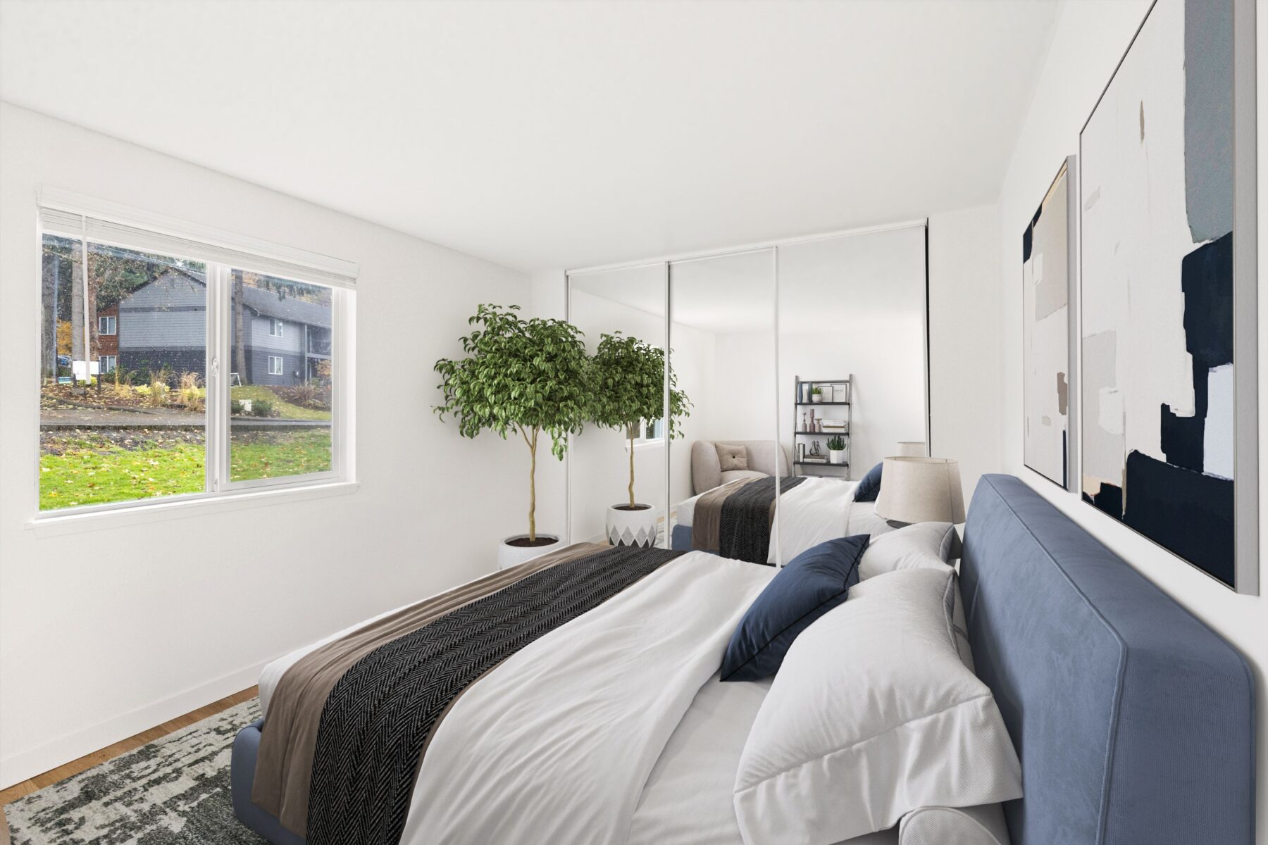 Bedroom with mirrored closet doors