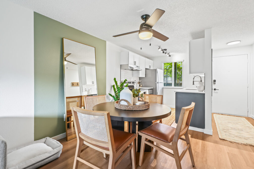 Dining area and kitchen at The Alden apartments in Tualatin